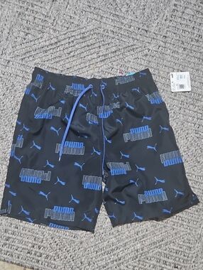 Puma Black Swim Trunks with Blue Logo Allover MENS M